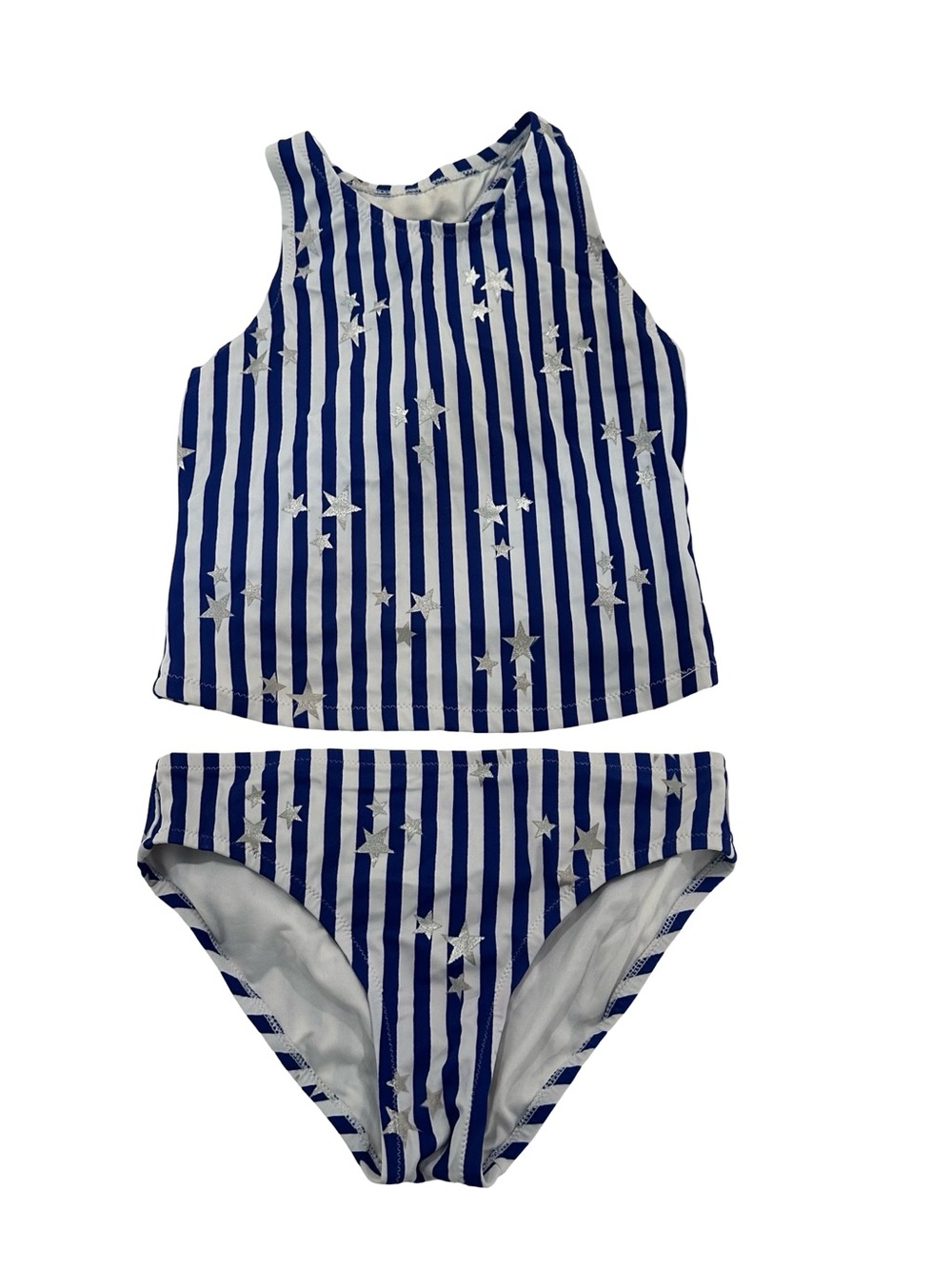 EUC Rockets of Awesome Girls 10/12 Blue & White Striped Star Two-Piece Swim Set